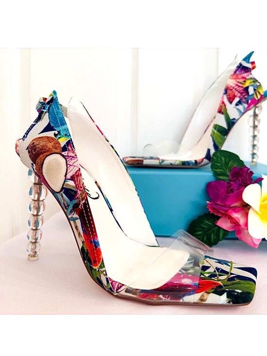 Privileged Shoes - PRIVILEGED ~ Multi-colored w/tropical print and unique, clear sculptural 5” heel